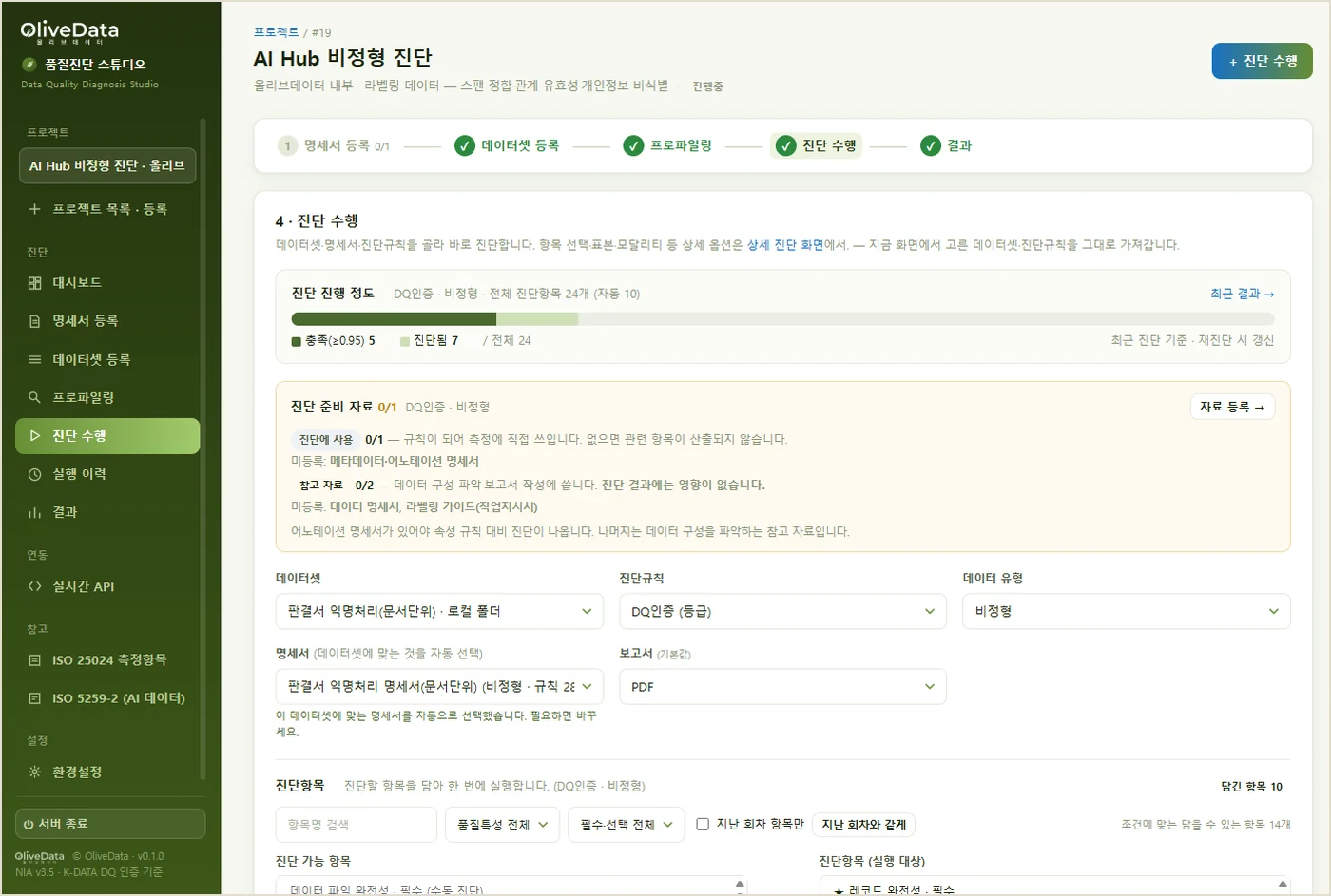 ReadyDQ Studio 진단 수행 화면. 명세서 등록 · 데이터셋 등록 · 프로파일링 · 진단 수행 · 결과 다섯 단계가 순서대로 표시돼 있고, 데이터셋과 진단규칙 · 명세서 · 보고서 형식을 고르는 화면이 열려 있다. 왼쪽 메뉴에 ISO 25024 측정항목과 ISO 5259-2 항목이 있다.